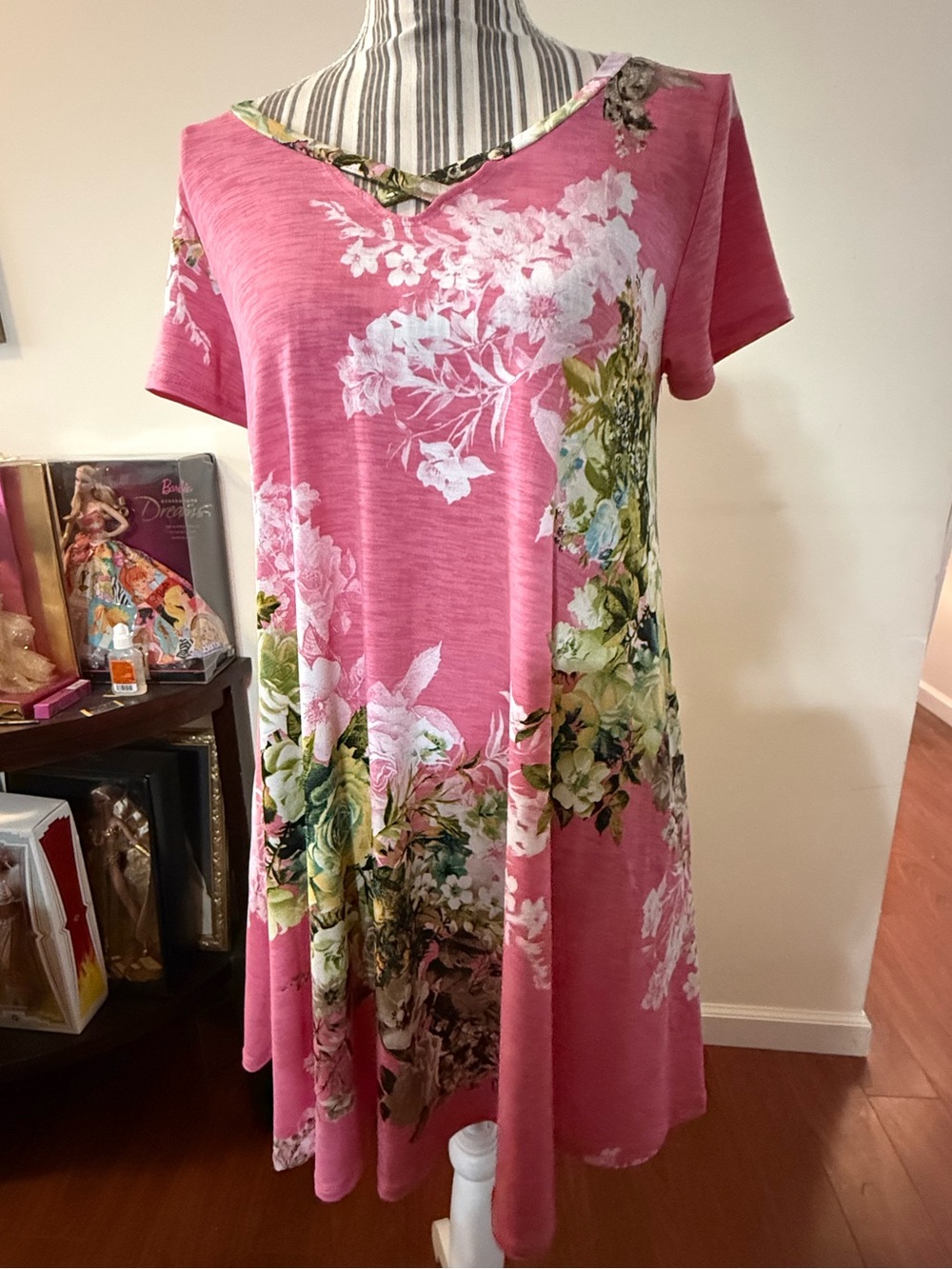 Pink Floral V-Neck A-Line Tunic Dress Medium NWOT Made in the USA